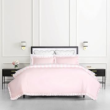 kate spade new york Sateen Ruffle Full/Queen Comforter Set, 300 Thread Count Cotton Sateen Reversible Cover, All Season 3 Piece Bedding, Machine Washable, Pink