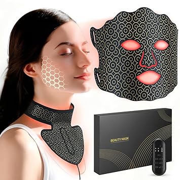 Red Light Therapy Mask for Face and Neck, 7 Color LED Light Therapy Mask with Rechargeable Controller, Adjustable Brightness and Timer, Portable Skin Care for Home Use