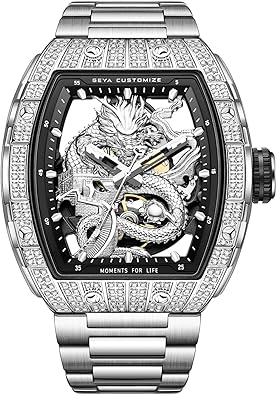 GeYa Redhai Luxury Crystal Diamond Dragon Mechanical Watches, 50M Waterproof Skeleton Dial Rose Gold Case Stainless Steel Watchband Chinese Loong Watches for Men