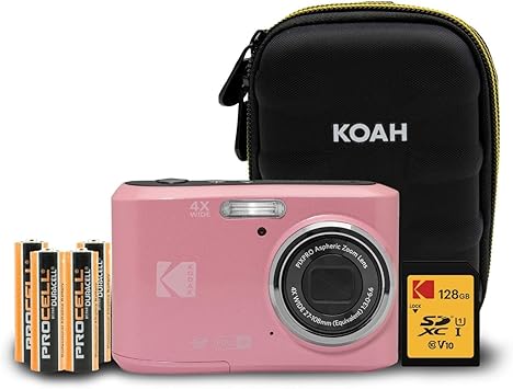 Kodak PIXPRO FZ45 Friendly Zoom 16MP 1080p Full HD Digital Camera (Pastel Pink) with 128GB SD Card, Compact Camera Case and Extra 4X AA Batteries Bundle (4 Items)