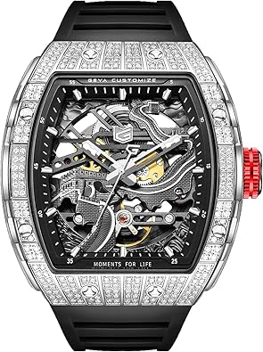 GeYa Redhai Luxury Crystal Diamond Dragon Mechanical Watches, 50M Waterproof Skeleton Dial Rose Gold Case Stainless Steel Watchband Chinese Loong Watches for Men
