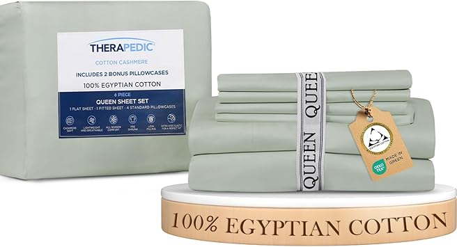 Therapedic 100% Egyptian Cotton Queen 6-Piece Sheet Set – Naturally Cooling & Breathable Sateen, Preshrunk Garment Wash, 16" Deep Pocket Fitted Sheet, Bonus Pillowcases, Soft & Durable - Sage