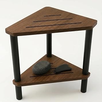 Corner Teak Shower Stool for Inside Shower – Solid Wood Spa Bench with Shelf, Waterproof Bathroom Stool for Shaving Legs, Small Corner Shower Seat with Black Legs