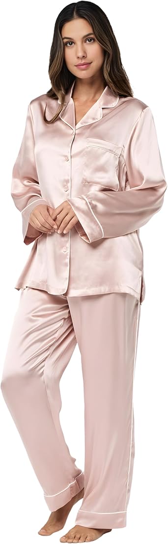 Papinelle Women’s Premium Mulberry Silk Piped Full Length Pajama Set - 100% Silk Button-Up Top & Drawstring Waist Pants