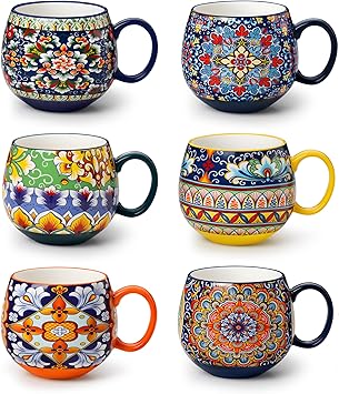 vancasso Coffee Mugs Set of 6, Coffee Cups Ceramic 18oz, Porcelain Coffee Mugs for Cappuccino, Latte, Espresso, Colorful Coffee Mugs with Handle, Rounded Boho Mugs, Microwave & Dishwasher Safe