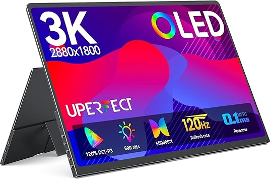 UPERFECT OLED Portable Monitor 14", 3K 2880x1800 | 120Hz | 0.1ms Portable Gaming Monitor, 500 Nits |120% DCI-P3 | 500000:1 Contrast | Ultra-Slim Design for Laptop Mini PC Phone Game Consoles