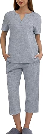 Womens Cotton Pajama Sets Short Sleeve Top With Pocketed Sleep Pants Sleepwear 2 piece sets for Women