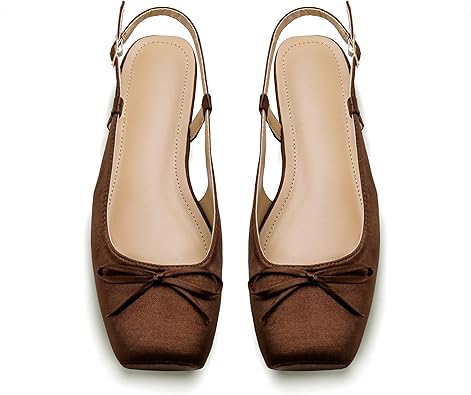 Women's Ballet Flats Slingbacks Square Toe Bow Knit Dressy Flat Shoes with Ankle Buckles Satin