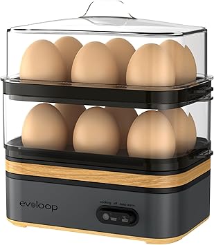 Evoloop Rapid Egg Cooker Electric 12 Eggs Capacity, Soft, Medium, Hard Boiled, Poached, Omelet Maker Egg Poacher & Vegetable Steamer, BPA Free Tray(Grey)