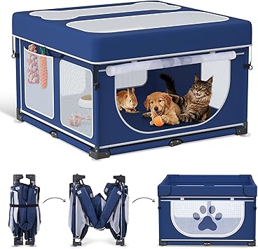LOOBANI Foldable Dog Playpen with Cover: 1 Min Setup Pet Puppy Playpen Indoor, Sturdy Reinforced Steel/Iron Frame Dog Fence, Portable Whelping Box for Home Dog Cat Rabbit-43.3"x43.3"x27.1"│Patented