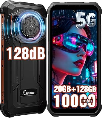 FOSSIBOT F110 Pro Rugged Smartphone Unlocked 5G Android 15, 128dB Loudest Speaker 20GB+128GB /2TB 10000mAH, 6.7'' HD Display 50MP Rear Camera, IP68/69K Waterproof, NFC/Dual SIM/Widevine L1