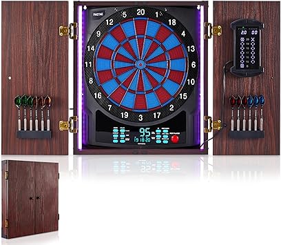 Electronic Dart Board with Cabinet Set, Electric Digital Dart Boards for Adults with Light Strips, Soft Tip Dartboard Cabinet Door with Large Cricket Display and Darts Storage for 12 Darts