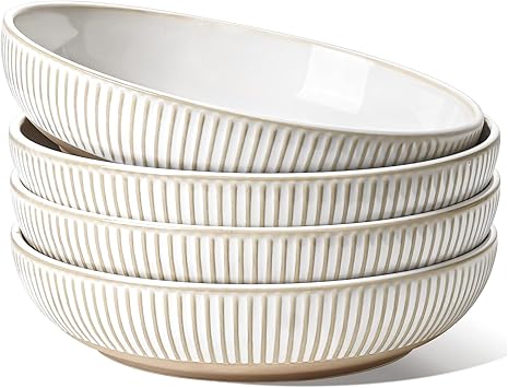 LE TAUCI Pasta Bowls 46oz, Large Salad Bowl, Ceramic Embossment Stoneware Serving Plate Bowl for Fruits, Noodle, Dinner, House-warming Wedding Present - 9 Inch, Set of 4, Arctic White