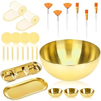 26 Gold Esthetician Supplies 3 Fan Brushes Esthetician 3 Facial Mask Mixing Bowls Large Gold Serving Bowls 3 Facial Flat Brushes Skincare Tray 3-Section Serving Tray 12 Facial Sponges 2 Spa Headbands