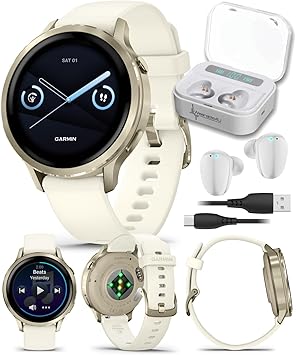 Garmin Venu 4 41mm AMOLED Advanced Health & Fitness GPS Smartwatch, Bright & Colorful Display, Built-in Flashlight, Up to 10 Days Lunar Gold w/Bone Silicone Band w/Wearable4U White Earbuds Bundle