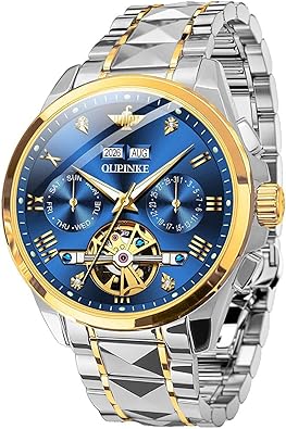 OUPINKE Mens Watches Skeleton Automatic Mechanical Premium with Calendar Sapphire Crystal Tungsten Steel Waterproof Wrist Watch