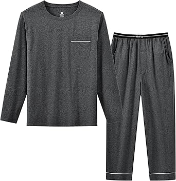 Men's Pajamas Set Soft Cotton Pjs Sets Long Sleeve Pullover Sleepwear Loungewear Set with Elastic Waist & Pockets