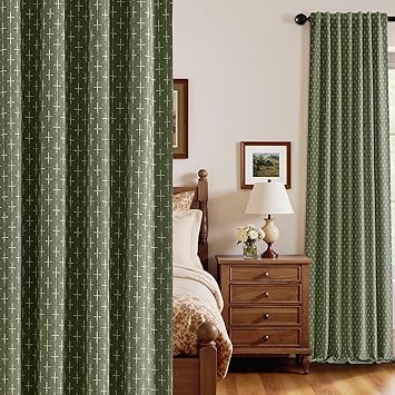 MIULEE 100% Blackout Decorative Linen Curtains with Geometric Pattern, Thick Woven Farmhouse Rustic Patterned Drapes with Back Tab for Bedroom and Living Room, Olive Green, 52 x 96 Inches, 2 Panels