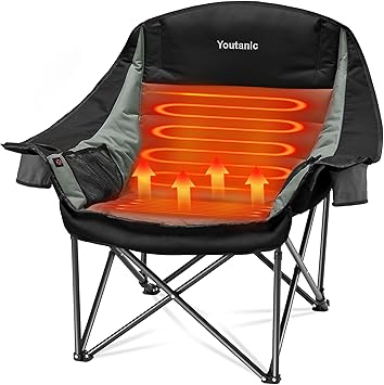 Youtanic Oversized Extra Large Heated Padded Camping Chair up to 500lbs, 3 Heat Levels Camp Chair with Carry Bag, Outdoor Heating Folding Chairs for Adults, Fishing, Sports, Picnic, Black-Gray
