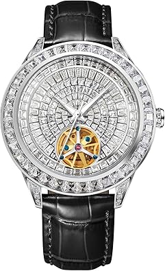 Automatic Watches for Men, Men's Luxury Mechanical Watch with Rhinestone Dial and Stainless Steel Case