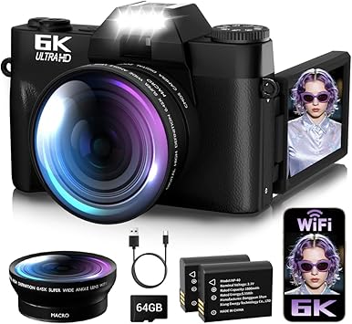 6K Digital Camera for Photography Autofocus, 2026 Upgraded 64MP WiFi Vlogging Camera for YouTube with 3" 180° Flip Screen 16X Zoom, 64GB SD Card & 2 Batteries Compact Travel Camera for Beginners Teens