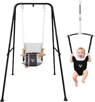 2-in-1 Baby Jumper & Swing - Foldable Stand, Stable Toddler Swing Set for Indoor & Outdoor Use (Black)