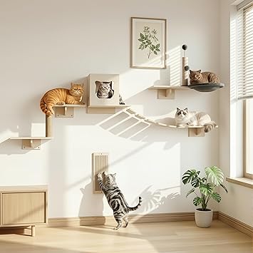 Cat Wall Shelves, 8-Piece Modern Wall-Mounted Cat Furniture Includes House, Bridge, Steps, Scratcher, Perch & Lounge for Indoor Cats, Space-Saving Wall Mounted Cat Shelves for Play & Rest