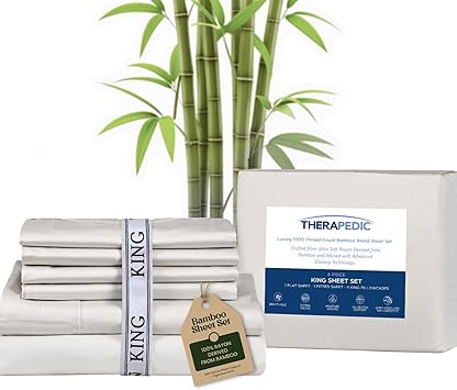 Therapedic 100% Organic Rayon Derived from Bamboo King Sheet Set | 1000TC 6-Piece Cooling Sheets Set, 16” Deep Pocket Fitted Sheet, 4 Pillowcases - Ivory
