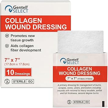 Collagen Wound Dressings 7"x7" - 10 Collagen Pads for Burns, Scrapes, Blisters, and More - for Minimal to Heavy Exudate and Partial to Full Thickness Wounds