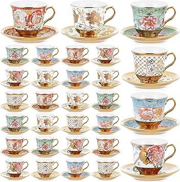 Teenyyou Set of 36 Tea Cups and Saucers Tea Party Decorations Floral Porcelain 5.4 oz British Gift for Women Birthday Party, Church, and Mother's Day (Stylish Style)
