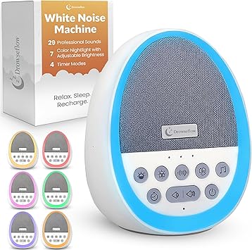 White Noise Sound Machine for Sleep, 29 Non-Looping Sleep Sounds, 7-Color Nightlight, 4 Timers, Memory, USB-C Charging, Hanging Rope for Crib/Stroller, for Baby, Kids, Adults, Travel.