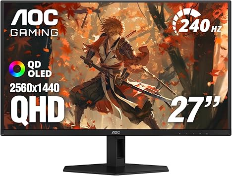 AOC 27" QD OLED Gaming Monitor, QHD 2560x1440, 240Hz, 0.03ms GtG, G-SYNC Compatible, HDR Ready, DisplayPort, HDMI, VESA Mountable, Console Gaming Ready, Q27GAZD