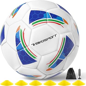 VAVOSPORT Soccer Ball Set – Official Size 3, 4, 5 Soccer Balls with Pump & 6 Cones, Waterproof TPU Leather Soccer Training Equipment for Kids, Youth & Adults, Gifts for Sports Play and Outdoor Games