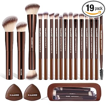 MAANGE Makeup Brush Set 19 PCS Travel Makeup Brushes Eyeshaowder Powder Concealers Foundation Professional Make Up Brush Set with Case (Coffee)