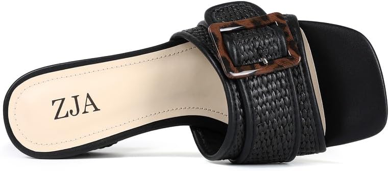 ZJA Raffia Sandals for Women Block Heels Square Open Toe Heeled Dress Chunky Mules Slip on Shoes