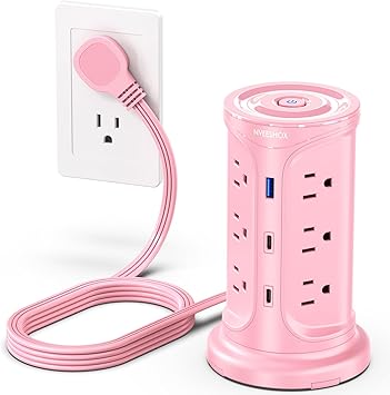 Tower Power Strip Surge Protector with 12 Outlets 3 USB Ports(2 Type C), 6.5 FT Ultra Flat Extension Cord with Multiple Outlets, Flat Plug Outlet Extender with Screw Wall Mount for Home Office Dorm