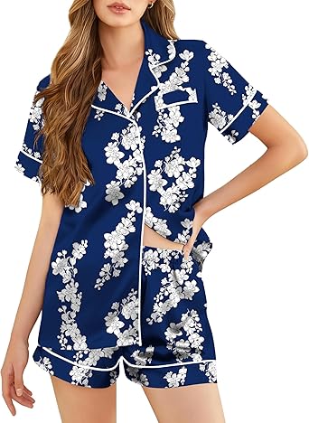 Silk Pajamas for Women Short Sleeve Sleepwear Soft Button Down Loungewear 2 Piece Satin Pjs Shorts Set S-XXL