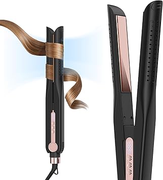 SKIMI Airflow Styler 2.0 Titanium Flat Iron Hair Straightener & Curling Wand, 96 Cool Air Vents for 48H Lasting Style, Dual Voltage for Travel & Home, Anti-Tangle, 5 Temps (Black & Blush Gold).