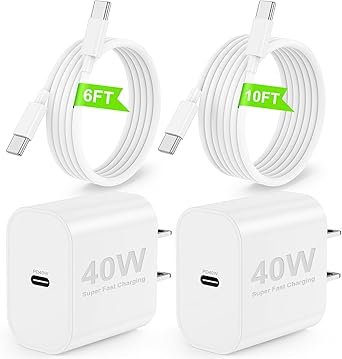 40W iPhone17/16 Pro Max Charger Fast Charging, 2Pack USB C Fast Charger Block for iPhone 17/16 Pro Max/15 Series/iPad Pro and More, PD 3.0 Wall Charger with 6FT+10FT USB C to C Cable