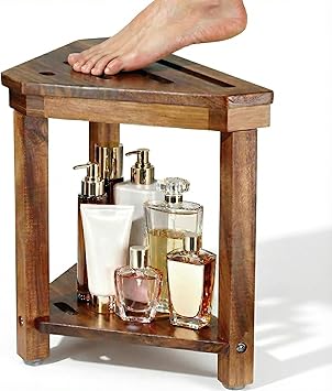 Acacia Wood Shower Stool for Shaving Legs, Shower Foot Rest with Storage Shelf for Inside Small Shower Spaces, Waterproof Shower Foot Stool for Inside Shower, Corner Bath Shower Bench