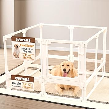 Dog Playpen, Expandable & Stackable Acrylic Dog Play Pen, FlexiSpace Adjustable Clear Dog Enclosure Indoors, Transparent Dog Fence for Dogs Cats Rabbits Small Animals (White, 24", 8 Panels)