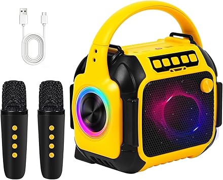 Mini Karaoke Machine for Adults & Kids with 2 Wireless Microphones, Portable Karaoke Speaker with DJ Party Lights, Birthday Gifts, Family Home Parties, Supports USB/AUX/TF Card (Yellow)