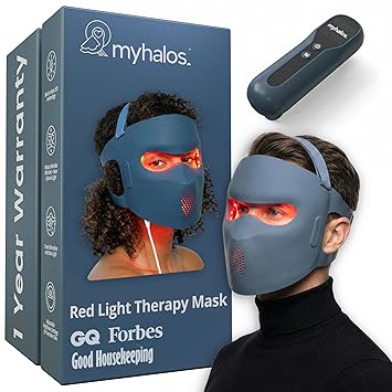 myhalos® Red Light Therapy Face Mask - Medical-Grade LED Light Therapy Device with Nir-Infrared (1072 nm), Red (633 nm) & Blue (460 nm) Light - Anti-Aging Skin Treatment for Wrinkles & Fine Lines