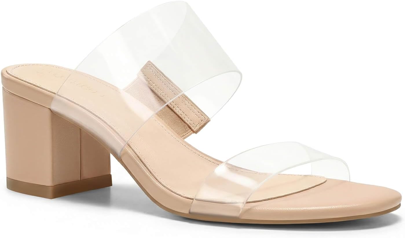 Coutgo Women's Clear Heeled Sandals Transparent Two Strap Chunky Block Heels Mules Open Toe Slip On Dress Shoes