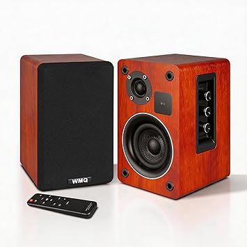 Powered Bluetooth 5.3 Bookshelf Speakers with Remote & LED Display, 3.5" Carbon Fiber Woofer, RCA AUX Input, Wooden Wired Wireless Speakers for Turntable, PC, TV, Gaming, Brown
