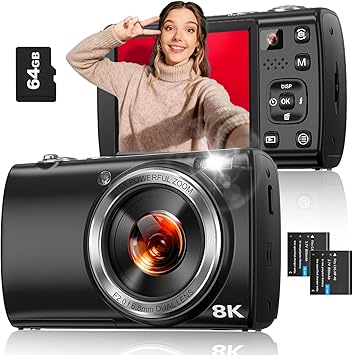 8K Digital Camera for Photography, 88MP WiFi Vlogging Camera for YouTube with Front Rear Lens, Autofocus, 16X Zoom, Compact Travel Cameras with Flash, Touch Screen, 64GB Card, 2 Batteries(Black)