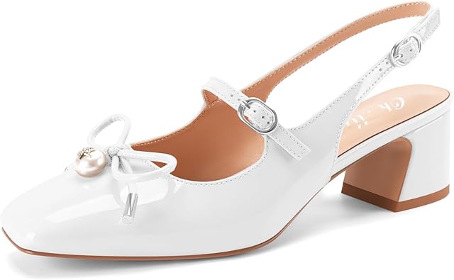 Women's Ballet Slingback Block Chunky Heels Closed Square Toe Low Heels Patent Leather Mary Jane Bow Pearl Work Dress Adjustable Buckle Strap Ballerina Pumps Shoes 2-inch