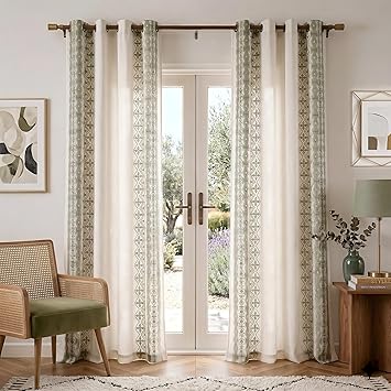 NICETOWN 102" Long Sage Green Embroidered Trim Cream Linen Curtains 2 Panels - Gorgeous Wall Decoration Floor to Ceiling Drapes for Living Room, Boho Style Bronze Grommet Top, W52 x L102