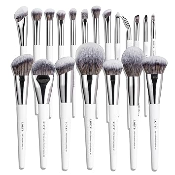 LORYP Makeup Brush Set Professional Synthetic Vegan for Beginners Gift Home Daily Use with Storage Pouch No Shedding No Scratch Face & Eye Brush White 20 Pcs