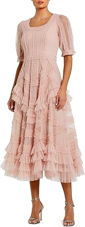 Mac Duggal Short Sleeve Mesh Micro Ruffle Midi Dress